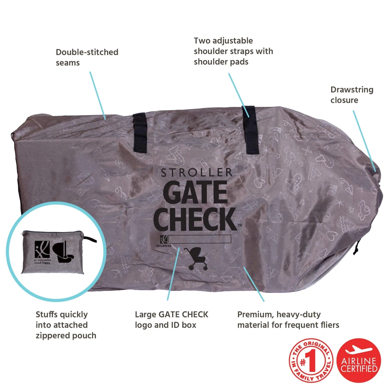 J.L Childress DELUXE Gate Check Bag For Single & Double Strollers - Premium Heavy-Duty Durable Air Travel Bag, Adjustable Shoulder Straps - Fits Most Single & Double Strollers, Grey 4 J.L Childress DELUXE Gate Check Bag For Single & Double Strollers - Premium Heavy-Duty Durable Air Travel Bag, Adjustable Shoulder Straps - Fits Most Single & Double Strollers, Grey - Image 2